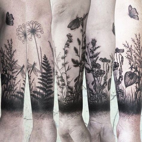 Botanical Tattoo Sleeve, Botanisches Tattoo, 42 Tattoo, Cuff Tattoo, Nature Tattoo Sleeve, Garden Tattoos, Petit Tattoo, Wildflower Tattoo, Mushroom Tattoos