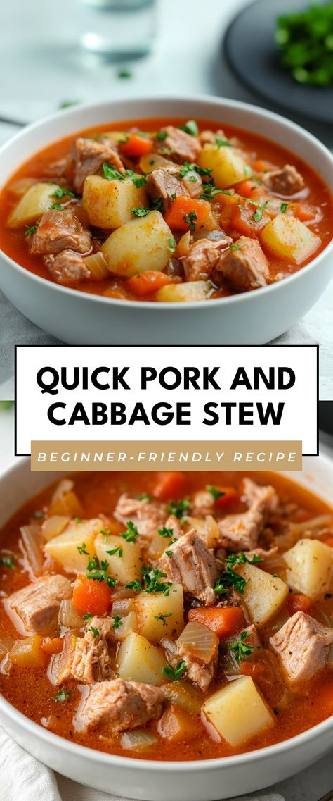 Image for Quick Pork and Cabbage Stew Pork Stew With Cabbage, Pork And Cabbage Recipes Crockpot, Pork And Cabbage Recipes, Stew With Cabbage, Cubed Pork Recipes, Cabbage Stew, Healthy Pork, Cabbage And Potatoes, Pork And Cabbage