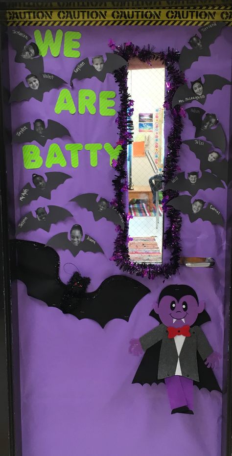 My Halloween Door. We are BATTY! #HalloweenDecor #ClassDoor #Halloween #Bats Vampire Door Decorations Classroom, Bat Door Decorations For School, Vampire Door Decorations, Bat Themed Classroom Door, Dracula Door Decoration, Halloween Class Door, Paper Bats Front Door, Batty Classroom Door, Halloween Door Decorations Classroom