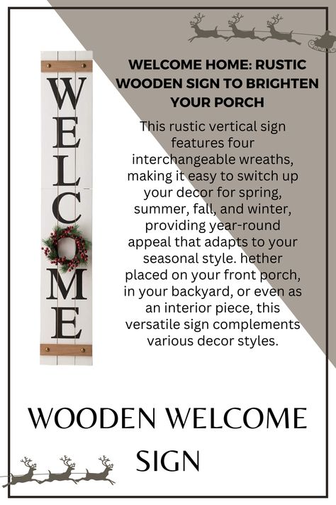 This rustic vertical sign features four interchangeable wreaths, making it easy to switch up your decor for spring, summer, fall, and winter, providing year-round appeal that adapts to your seasonal style. hether placed on your front porch, in your backyard, or even as an interior piece, this versatile sign complements various decor styles.

#WelcomeSign #OutdoorDecor #HomeDecor #RusticStyle #SeasonalDecor #FrontPorchDecor #WoodenSign #HolidayDecor #VersatileHomeDecor #CozyHome #HomeAndGarden Interchangeable Wreath, Porch Front Door, Wooden Welcome Signs, Rustic Wooden Sign, Unique Centerpieces, Decor Tips, Elegant Decor, Hanging Wall, Christmas Inspiration