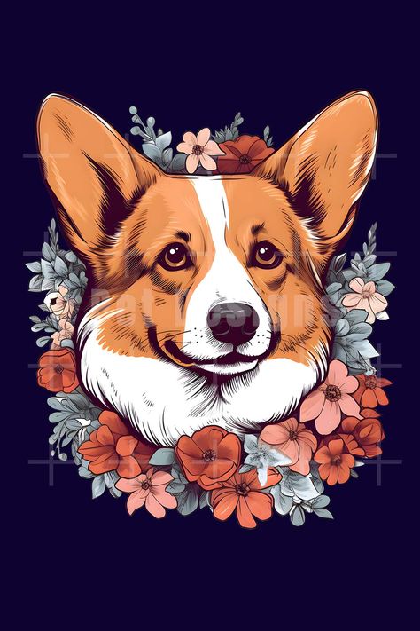 Adorable Corgi Floral Design Corgi Tattoo, Dog Portrait Tattoo, Dog Design Art, Corgi Drawing, Corgi Art, Gift Inspo, Cute Corgi, Corgi Dog, Dog Portraits