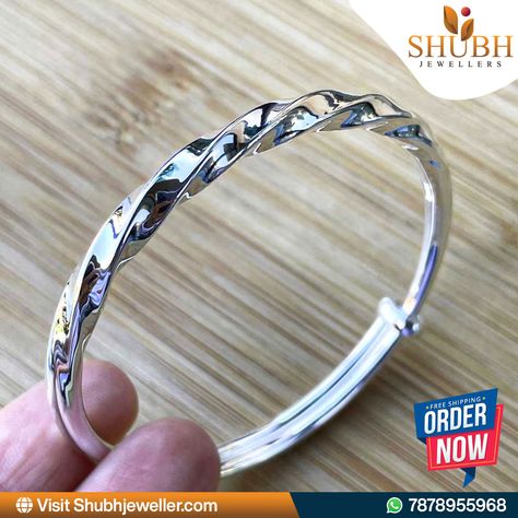 Adorn your wrists with elegance with our Twisted Bangle Bracelet, Silver Bell Bracelet, and Pure Silver Bangle Bracelet from Shubh Jewellers. These exquisite pieces feature unique designs crafted with precision and passion, adding a touch of sophistication to any ensemble. Whether you prefer a twisted design, delicate bells, or a classic bangle style, these pure silver bracelets are sure to elevate your look and make a statement of timeless beauty. To shop now with Shubh Jewellers, order via... Unique Silver Kada For Men, Kada Designs Silver For Men, Silver Kada For Men, Men Silver Chain, Bracelet For Men Silver, Mens Silver Bangle, Silver Kada, Silver Bracelet For Men, Bell Bracelet