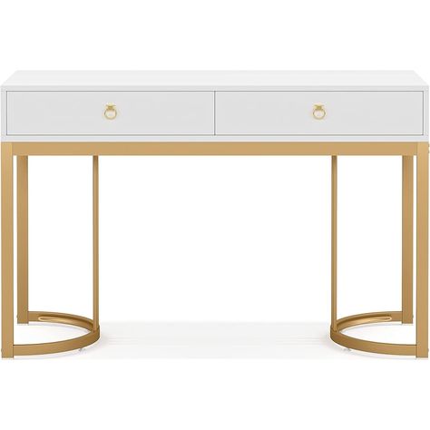 Computer desk Writing Desk with 2 Drawers, 47 inch White and Gold Desk, Modern Simple Study Table, Gold Makeup Vanity Desk - On Sale - Bed Bath & Beyond - 38363605 Gold And White Desk, Gold Makeup Vanity, Simple Study Table, Makeup Vanity Desk, Desk Modern, Gold Desk, Desk Writing, Make Up Desk Vanity, Room Stuff