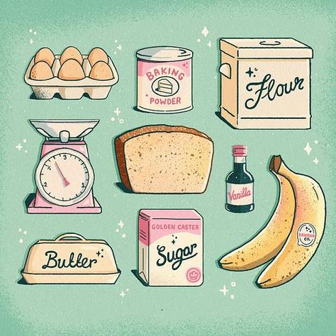 Bread Recipe Illustration, Banana Bread Illustration, Banana Bread Drawing, Ipad Illustration Drawing, Recipe Drawing Food Illustrations, Bread Drawing, Bread Illustration, Recipe Book Printables, Illustrated Cookbook