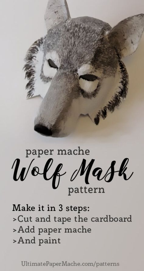 paper mache wolf mask pattern Wolf Costume Diy, Wolf Costume Kids, Animal Masks Diy, Mask Wolf, Wolf Craft, Cardboard Mask, Paper Mache Mask, Beast Costume, Wolf Costume