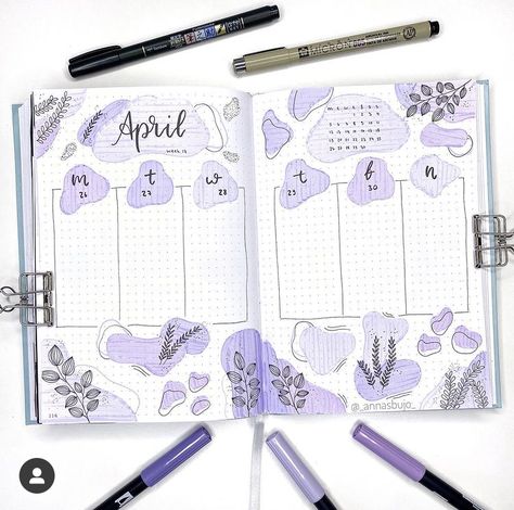 Bujo Purple Theme, Purple Bullet Journal Theme, Bujo Purple, April Bujo, Bullet Journal Flip Through, Binding Book, Bullet Journal Month, Bullet Journal Monthly Spread, Bullet Journal Font