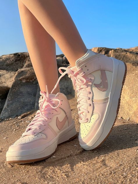 Pink Nike High Dunks, Nike Pink High-top Sneakers With Laces, Pink Paisley Dunks, Nike Dunk High Pink Oxford, Barbie Pink Nike Dunks, High Top Dunks, Dunk High Outfit, Pink Dunks, Nike High