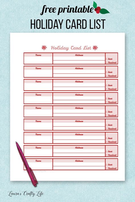 Free printable holiday card list. Organize your holiday by gathering names and addresses all in one place! #laurascraftylife #freeprintable #organizeyourholiday #holidaycard Free Printable Holiday Cards, Aadhar Card, Budget Holidays, Free Thank You Cards, Holiday Calendar, Holiday Menus, Menu Planners, Card Organizer, Christmas Planner