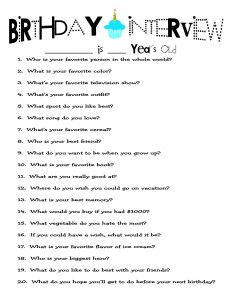 Printable Kids' Birthday Interview Questions...Ask them the same questions each year on their birthday, and put them into a "growing up book." Birthday Interview Questions, Uppfostra Barn, Birthday Interview, Birthday Traditions, Up Book, Interview Questions, Raising Kids, Birthday Fun, Parenting Tips