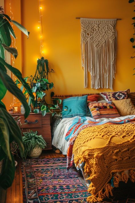 Bedroom Decor With Yellow Walls, Dark Yellow Bedroom Walls, Boho Mustard Bedroom, Mustard Yellow Bedroom Colour Schemes, Golden Yellow Room, Mustard Bedroom Walls, Dark Yellow Bedroom, Yellow Room Aesthetic Walls, Small Yellow Room