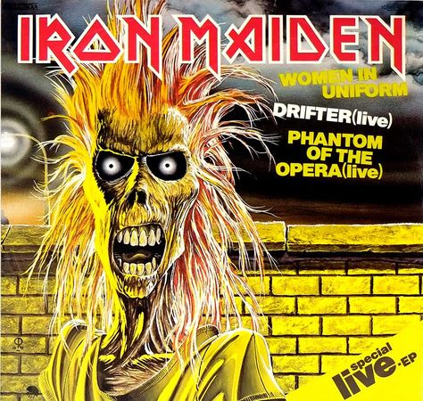 IRON MAIDEN Women in Uniform Special Live 12" EP NWOBHM British Heavy Metal Vinyl Album Cover Gallery & Information #vinylrecords Iron Maiden Albums, Iron Maiden Eddie, Bruce Dickinson, Warner Music Group, Margaret Thatcher, Fabric Poster, Vinyl Record Album, Thrash Metal, Phantom Of The Opera