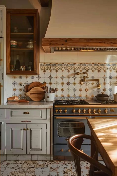 Kitchen Brick Fireplace, Modern Romantic Kitchen, Kitchen Tiles Farmhouse, Cozy Kitchen Renovation, Vintage Traditional Kitchen, French Country Inspired Kitchen, Good Kitchen Design, French Cottage Style Kitchen, Farmhouse Kitchen With Tile Floor