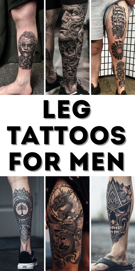 Leg Tattoos for Men: A Guide to Bold and Meaningful Ink Guy Leg Tattoos Men, Leg Tattoo Men Meaningful, Patchwork Tattoo Ideas Legs Men, Top Leg Tattoo, Calf Tattoo Men Ideas Design, Thigh Tattoos For Guys, Mens Calf Tattoos, Quad Tattoo For Men, Leg Tattoo Ideas For Men