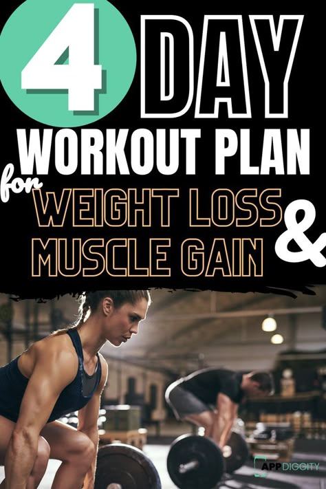 4 Day Workout Plan, 4 Day Workout Routine, Weight Lifting Plan, Day Workout Plan, 4 Day Workout, Muscle Gain Workout, Burn Fat Build Muscle, Lifting Workouts, Workout Splits