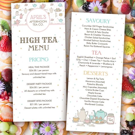 A fun and attractive high tea menu card with hand-drawn illustrations including a tea set pattern of tea pots, dessert plate of cupcakes, a cookie and cake along with cutlery and steaming tea and coffee. This is great for high tea cafes and restaurants, tea party menus, events and other tea-related business. A customizable high tea menu template. Aesthetic Menu Card, High Tea Menu Design, Tea Party Menu Template, High Tea Menu Ideas, Tea Menu Design, Tea Menu Ideas, Restaurant Menu Card Design, Espresso Corner, High Tea Menu