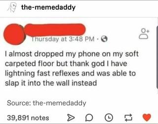 I almost dropped my phone on my soft carpeted floor but thank god I have lightning fast reflexes and was able to slap it into the wall instead Source: the-memedaddy 39,891 notes DO O HO – popular memes on the site iFunny.co Fast Reflexes, Lmao Funny, Carpeted Floor, Inspirational Memes, Text Memes, Funny Lol, Top Funny, Love Memes, Gaming Memes