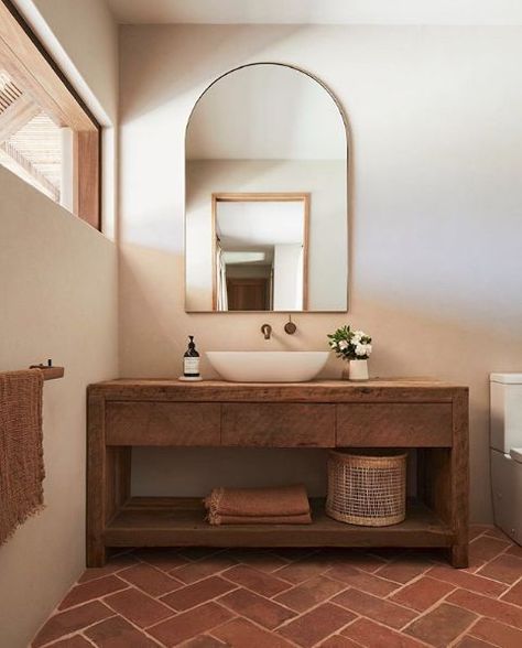 Red floor tiles, wooden vanity, light walls Bathroom Terracotta Floor, Terracotta Floor Tiles, New House Bathroom, Terracotta Floor, Downstairs Bathroom, Bathroom Inspiration Decor, Bathroom Inspo, Bathroom Renos, Trend Report