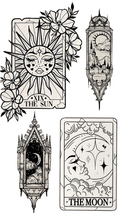 Tarot Card Tattoo Wheel Of Fortune, The Sun Tarot Tattoo, The Moon Tarot Card Tattoo, Tarot Card Tattoos, Dainty Tats, Wicca Aesthetic, Celestial Nails, 3d Sun, Tattoos Flowers