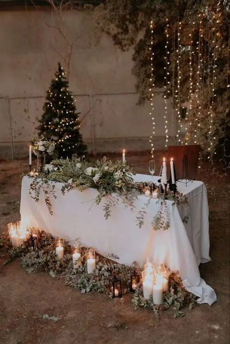 50+ Winter Wonderland Wedding Ideas You'll Love - HubPages December Wedding Backdrop, Winter Wedding Fairy Lights, Winter Bohemian Wedding, Winter Wedding Eucalyptus, Whimsical Christmas Wedding, Winter Bridal Shower Table Decor, January Wedding Reception Ideas, Head Table Winter Wedding, Outdoor Winter Wedding Reception