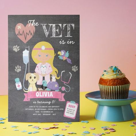 $2.92 | Blonde Blue Eyed Chalkboard Vet Birthday Party - vet birthday party, girl vet birthday, vet birthday theme, pet birthday party, pet birthday, vet themed birthday, vet birthday, vet themed birthday party, pet party ideas, vet party Vet Birthday Party, Vet Party, Brunette Green Eyes, Blonde Brown Eyes, Brunette Blue Eyes, Animal Birthday, 10th Birthday, Birthday Party Invitation, Animal Party