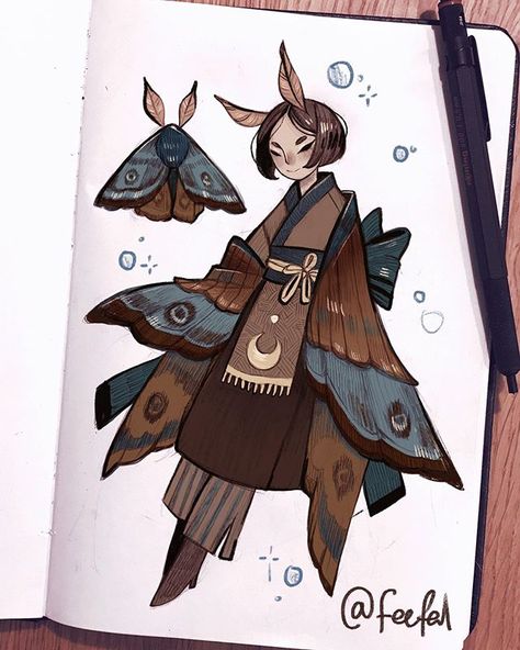 Linnea on Instagram: “Lil moth human🌙 Don’t ask me where in that jumble of fabrics her arms are located because I simply do not know🤷‍♀️” Moth Person, Moth Character, Moth People, Moth Drawing, Cute Moth, Hybrid Art, Moth Art, Creature Concept Art, Human Art