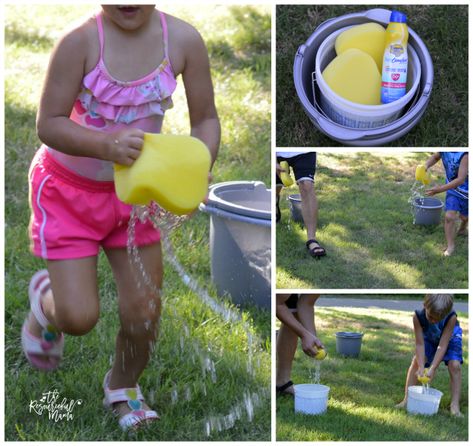 Fill the Bucket Outdoor Water Game - The Resourceful Mama Fill The Bucket, Fun Water Games, Survivor Challenges, Outdoor Water Games, Field Day Games, Relay Games, Picnic Games, Water Festival, Island Survival