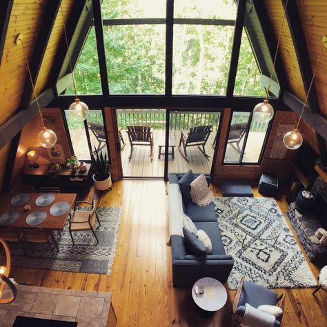 A-Frame Chalet Cozy Cabin Interior, A-frame Interior, Cabin Interior Design, A Frame Cabins, Cozy Cabins, A Frame House Plans, Cabin Interiors, Cabin Living, A Frame Cabin