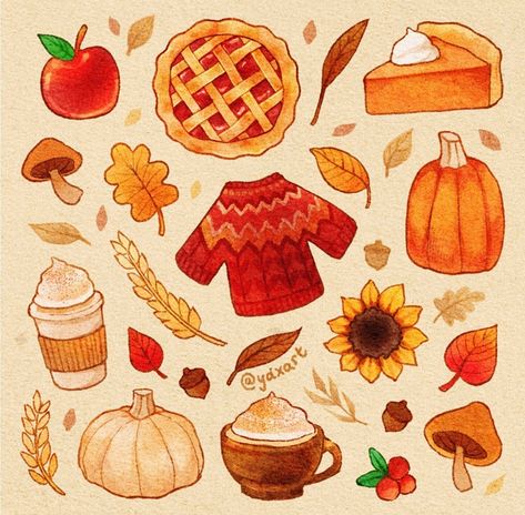 Quick Doodles, Autumn Doodles, Fall Drawings, Cottagecore Art, Autumn Illustration, Autumn Stickers, Fall Halloween Decor, Food Drawing, Autumn Art