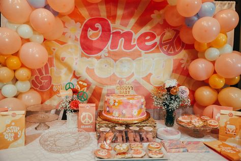 Such a fun way to show our cake and deserts. Also doubled as an extra photo space Groovy One Dessert Table, Two Groovy Dessert Table, Groovy Dessert Table, Groovy One Cake, Groovy One, Two Groovy, Cake Dessert Table, 1st Birthday Party Themes, One Cake