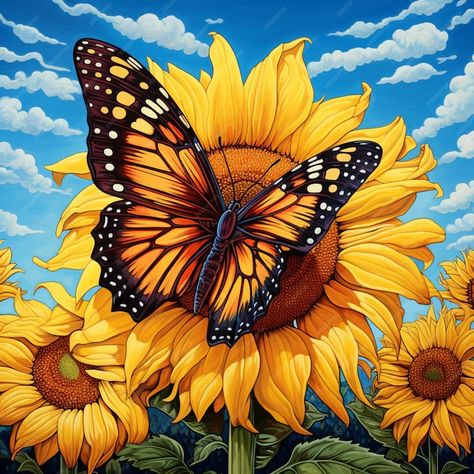 Premium Photo | Painting of a butterfly on a sunflower with a blue sky in the background generative ai Butterfly With Sunflower, Phone Images, Rainbow Wallpaper Iphone, Butterfly Sunflower, Sunflower Illustration, Sunflower Images, Sunflower Shirt, Blue Sky Background, Rainbow Wallpaper