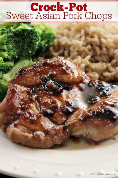 Crock-Pot Sweet Asian Pork Chops - This recipe is a fast and easy slow cooker recipe that makes delicious and juicy pork chops with a great sweet Asian flavor. This simple recipe can also be made into a slow cooker freezer meal to make life just a little easier on busy days. [Gluten Free, Low Calorie, Low Carb, Low Fat, Low Sodium, Low Sugar & just 9 Weight Watchers SmartPoints per serving!] #CrockPot #SlowCooker #PorkRecipes #PorkChops #WeightWatchers #HealthyRecipes ♥️ CROCKPOTLADIES.COM Crockpot Asian Pork Chops, Slow Cooker Sweet Ginger Pork Chops, Asian Pork Recipes Crock Pot, Asian Pork Chops In The Crock Pot, Asian Pork Chops, Pork Chops And Rice, Pork Chop Recipes Crockpot, Recipe Crockpot, Easy Pork Chops