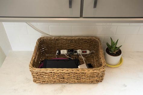 Organize your devices with an easy DIY basket charging station » NEVER SKIP BRUNCH Hide Charging Station, Hide Alexa, Charging Station Ideas Diy, Charging Station Ideas, Paper Clutter Organization, File System, Paper Organizer, Organization Office, Hide Cables