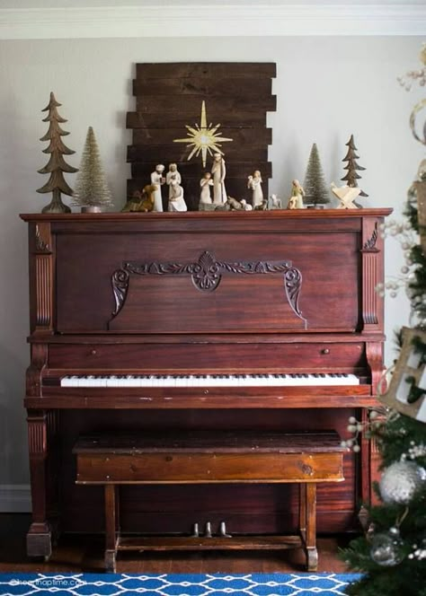 Decor On Piano, Willow Tree Display, Nativity Scene Display, Willow Tree Nativity, Old Piano, Piano Decor, Christmas Piano, Tree Display, Holiday Home Tour