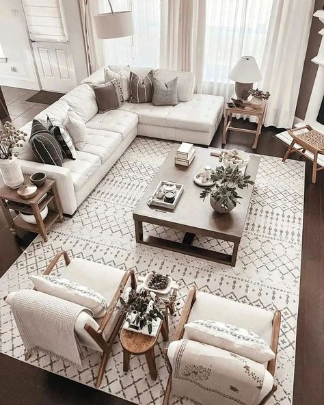 White Living Room Couch Ideas, Sectional And Couch Layout, White Sectional Living Room Decor, All Living Room Ideas, Sectional With Chase Living Room Layout, High Back Couches Living Room, Esthetics Living Room Ideas, Rugs And Pillows Living Room, Leather And White Living Room