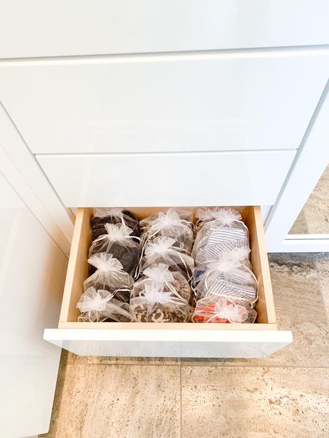 Organize Drawers, Organization Ideas, Closet Organization, Organza Bags, Trash Can, Drawers, Canning, Closet, Home Decor