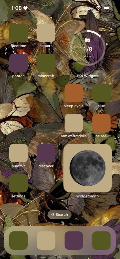 Butterfly Homescreen Layout, Goblincore Wallpaper Iphone, Phone Decoration Ideas Homescreen, Goblincore Home, Iphone Homescreen Layout Ideas, Tgcf Wallpapers, Ios Home Screen Layout, Moon Widget, Homescreen Layout Ideas