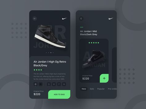 Nike Sneaker Shop UI concept sneaker nike ui ux uidesign simple minimal matte elegant app design dark clear clean black app Ui Design Mobile, Ui Design Trends, Sneaker Shop, Sneaker Nike, Mobile App Design Inspiration, Black App, Game Interface, Design Presentation, 카드 디자인