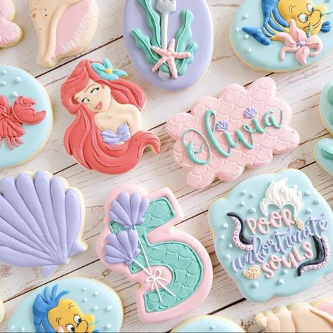 Ariel Third Birthday, Ariel Birthday Cookies, Little Mermaid 3rd Birthday Party Girl, Ariel Cookies Decorated, Mermaid Party Cookies, The Little Mermaid Centerpieces, Ariel First Birthday Party, Little Mermaid 4th Birthday Party, Little Mermaid Cookies Decorated