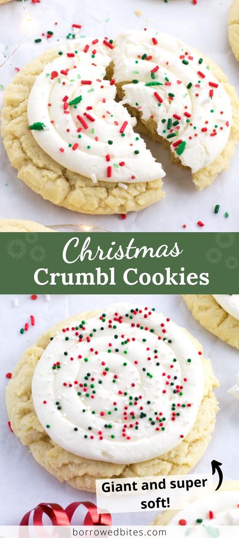 This Christmas Crumbl Sugar Cookies recipe beats all others! Ultra-thick and soft with a perfect crinkly edge, these mouthwatering cookies are a vanilla version of the classic Chilled Sugar Cookies. Topped with a creamy vanilla buttercream and festive Christmas sprinkles, they’re the very best copycat Crumbl cookies for your holiday season. Crumble Christmas Cookie Copycat Recipe, Funfetti Crumble Cookie, Crumbl Funfetti Cookies, Scooters Sugar Cookie Recipe, Christmas Cookies Best Ever, Recipe For Crumbl Cookies, Crumbl Christmas Cookie Copycat, Crumbl Cookie Copycat Gingerbread, Best Christmas Cookie Frosting