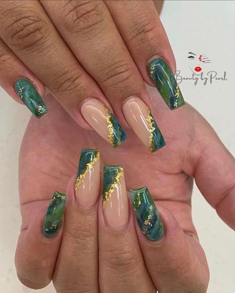 Acrylic Nail Designs Green And Gold, Diagonal Tips Nails, Emerald Green And Gold Marble Nails, Emerald Green Nails For Homecoming, Gold Leaf Art Nails, Nail Designs Jade Green, Jade Green And Gold Nails, Wedding Green Nails, Formal Green Nails