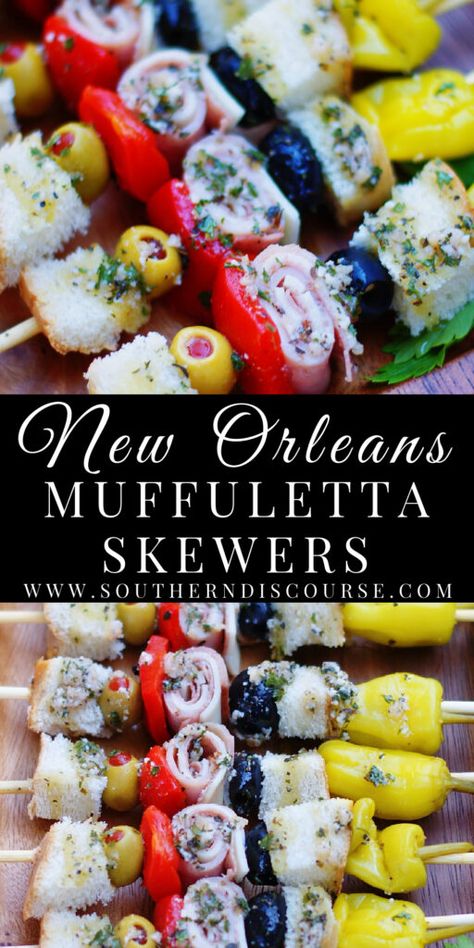 New Orleans Muffuletta Skewers | southern discourse Muffuletta Skewers, Muffuletta Recipe, Oil Vinegar Dressing, Southern Discourse, Muffuletta Sandwich, Skewer Appetizers, Olive Salad, Vinegar Dressing, Best Comfort Food