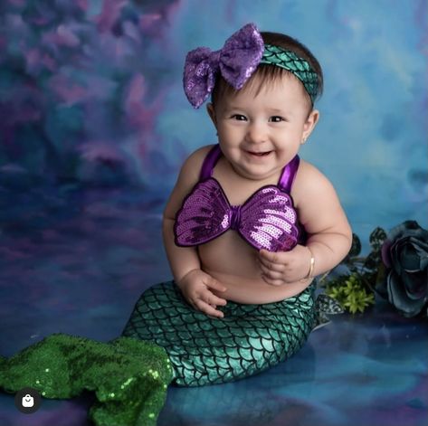 Mermaid Theme Photoshoot Baby, Mermaid Theme Photoshoot, Little Mermaid Photoshoot, Mermaid Dress For Kids, Mermaid Photoshoot, Disney Princess Dress Up, 7 Month Baby, Mermaid Costume Diy, Baby Photography Backdrop