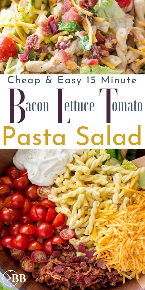 This 15 min bacon lettuce tomato pasta salad is the perfect quick summer pasta salad for parties or an easy quick dinner. It's one of the easiest bacon for a meal recipes and is even pretty healthy. #bacon #salad  I’ve made this salad several times now and each time everyone loves it. I recently made for my sister who is laid up with a broken leg. After one bite she declared” this my go to salad from now on”.  I’ve used the dressing recipe for fresh veggie dip also. Pasta Salad Easy, Easy Quick Dinner, Blt Pasta Salad, Tomato Pasta Salad, Bacon Lettuce Tomato, 15 Minute Dinners, Blt Pasta, Spaghetti Salad, Blt Pasta Salads