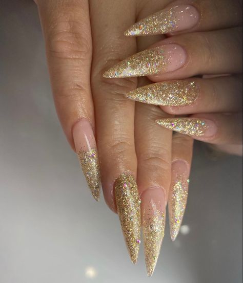 New Years Nails Gold Glitter, Gold Ombre Nails Glitter, Gold Ombre Nails, Nail Options, Disneyland Nails, Stiletto Shaped Nails, Sugar Nails, Gold Glitter Nails, Ombre Nails Glitter