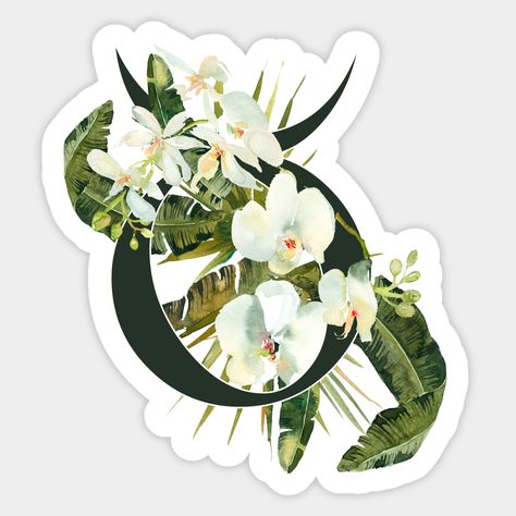 A beautifully exotic zodiac design for Taurus with watercolor tropical foliage and white orchids. -- Choose from our vast selection of stickers to match with your favorite design to make the perfect customized sticker/decal. Perfect to put on water bottles, laptops, hard hats, and car windows. Everything from favorite TV show stickers to funny stickers. For men, women, boys, and girls. Taurus Stickers, Taurus Horoscope, Orchid Design, Watercolor Tropical, Horoscope Taurus, Zodiac Designs, Tropical Foliage, Design Sticker, White Orchids