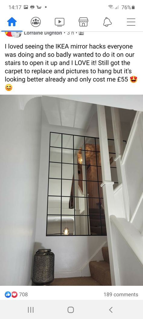 Top Of Stairs Hallway Decor, Big Stairway Wall Decor Ideas, Stairway Mirror Wall, Mirror On Stairway Wall Ideas, Tall Hallway Wall Decor, Narrow Staircase Wall Decor, Bottom Of Stairs Mirror, Mirror At Stair Landing, Mirror Under Stairs