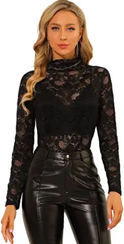 Womens Fall Wardrobe, Leather Trousers Outfit, Lace Turtleneck Top, Top Transparente, Lace Turtleneck, Trousers Outfit, Prom Inspo, Floral Lace Blouse, Casual Date Night