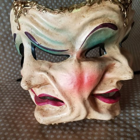 Perfect For Halloween Or Mardi Gras!!This Vintage 2 Face Comedy/Drama Mask Was Custom Handmade & Handpainted With Paper Mache. Purchased In New Orleans In The 80's During Mardi Gras This Is A One Of A Kind (And Was Unbelievably Expensive!)! Ribbon Supports (No Staples) On Each Side And Center Front. Papermache Is Somewhat Fragile (After All It Is Paper!) And When Worn Recommend Not Relying On Ribbons Alone! Truly A Piece Of Art! Paper Mache Marionette, Venetian Jester Mask, Greek Theatre Masks, Crazy Mask, Mask Theatre, Carnaval Mask, Fairy Mask, Fairy City, Clown Masks