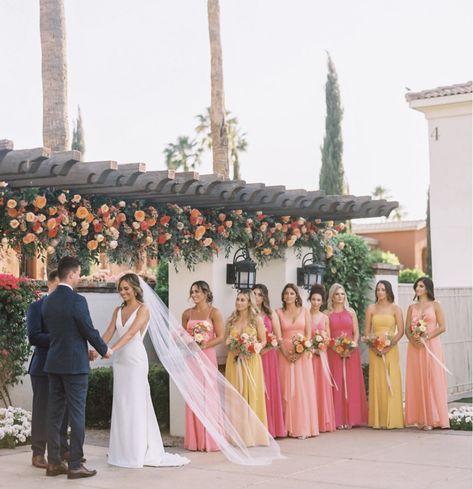 Sunset Themed Wedding Bridesmaid Dresses, Pink Orange And Yellow Bridesmaids, Spring Sunset Wedding, Pink And Orange Bridal Party, Sunset Color Palette Wedding Flowers, Sunset Color Palette Wedding Bridesmaid, Sunset Color Scheme Wedding, Pink Yellow Orange Wedding, Orange Wedding Palette