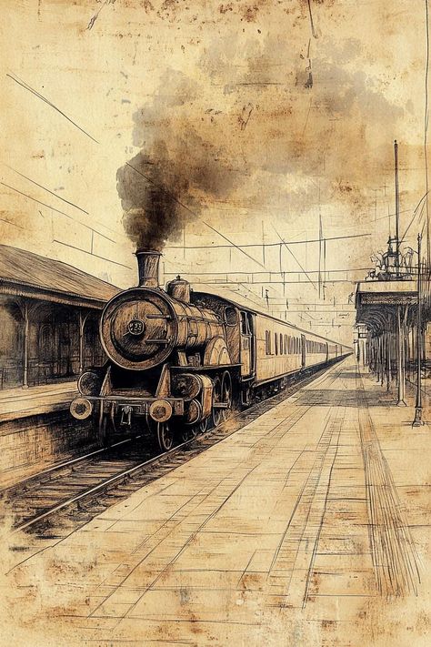 Uncover the charm of yesteryears with our "Vintage Train Station Sketch Decoupage Paper." This design features a meticulously detailed old sketch of a train station, capturing the bustling energy and architectural elegance of a bygone era. Perfect for adding a touch of nostalgia and historical depth to your crafting projects, this paper brings the romance of old train journeys to life. Ideal for history buffs, railway enthusiasts, and lovers of classic art, this decoupage paper is available in various sizes to suit a wide range of projects. Whether you're enhancing home décor, creating bespoke stationery, or crafting unique gifts, this design provides a captivating backdrop that appeals to anyone with an appreciation for vintage and architectural aesthetics. The sketch, with its detailed l Vintage History Posters, Old Drawings Aesthetic, Vintage Railway Station, Old Architecture Sketch, Steam Train Aesthetic, Vintage Train Station Aesthetic, Railway Station Sketch, Old Train Station Aesthetic, Old Train Aesthetic